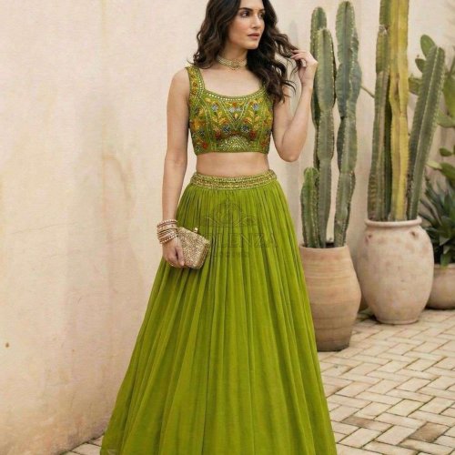 Green Georgette Embroidered Lehenga Choli