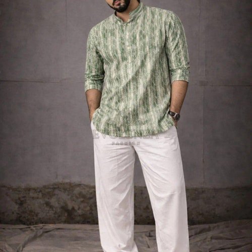Green Printed Short Kurta for Men