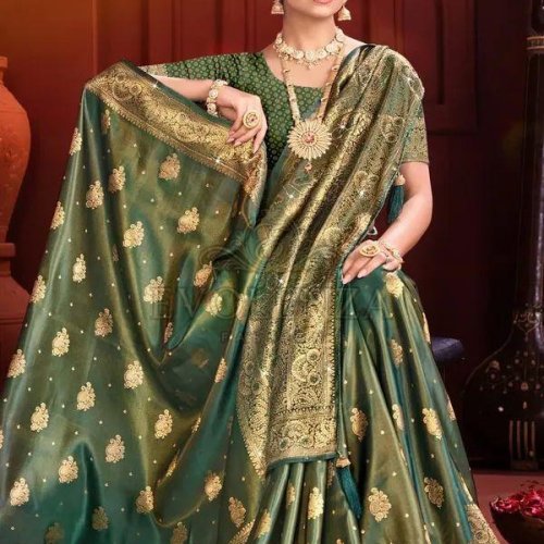 Green Stellar Shimmer Swarovski Silk Saree