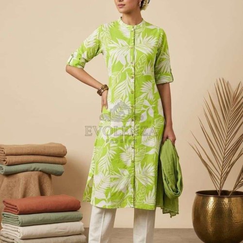 Green Tropical Print A-Line Kurti