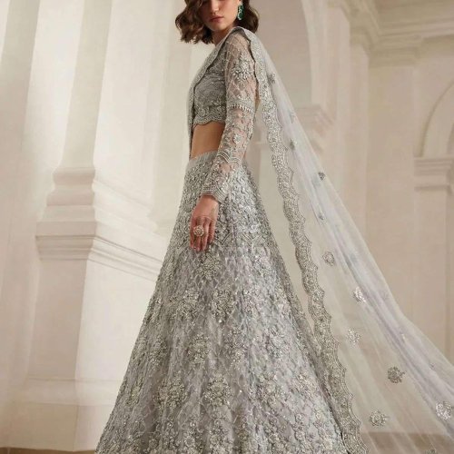 Grey Embroidered Butterfly Net Bridal Lehenga Choli