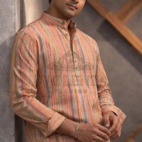 Men Cotton Striped Printed Short Kurta