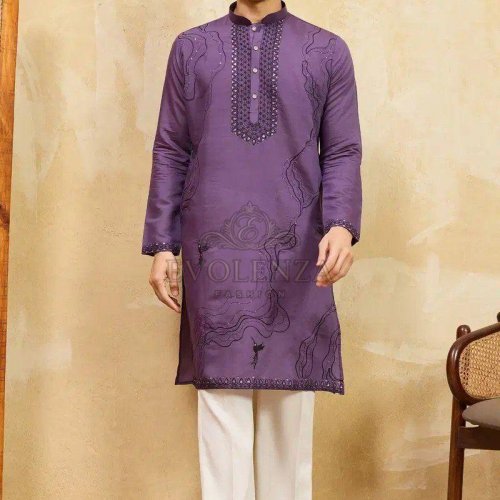 Men Violet Embroidered Kurta Set