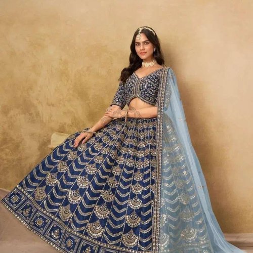 Navy Blue Embroidered Art Silk Lehenga Choli