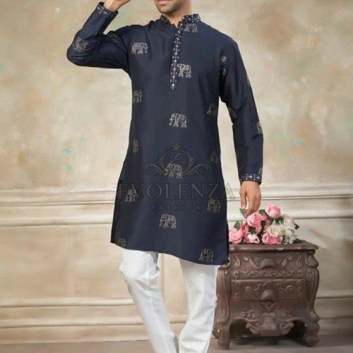 Navy Blue Ethnic Motif Embroidered Kurta Set for Men