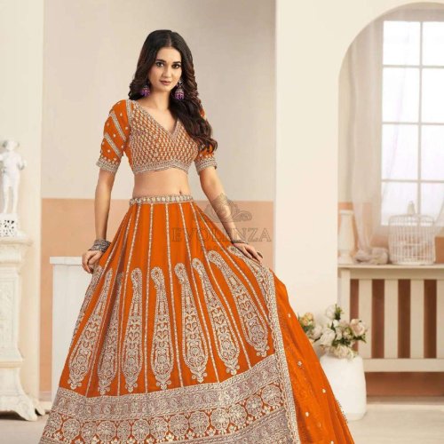 Orange Butterfly Net Bridal Lehenga Choli