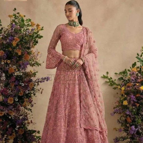 Peach Pink Butterfly Net Bridal Lehenga Choli