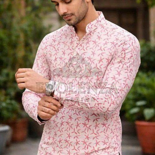 Pink Floral Printed Men Short Kurta