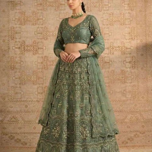Pista Green Butterfly Net Wedding Lehenga Choli
