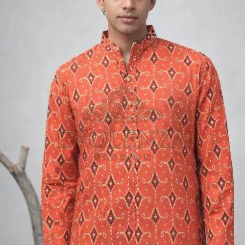Printed Mandarin Collar Men Short Kurta