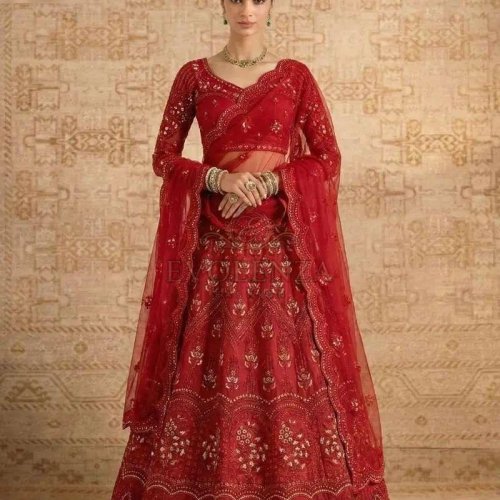 Red Butterfly Net Bridal Lehenga Choli