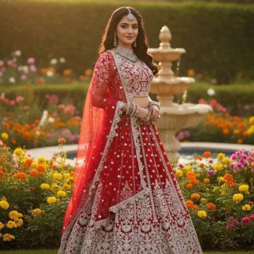 Red Butterfly Net Wedding Lehenga Choli