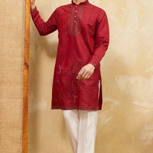 Red Embroidered Kurta Set for Men