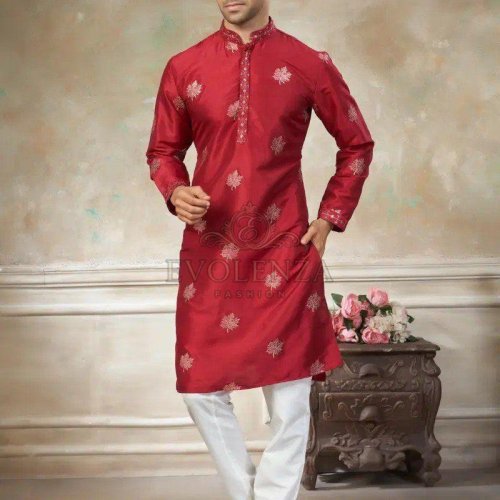 Red Ethnic Motif Embroidered Kurta Set for Men