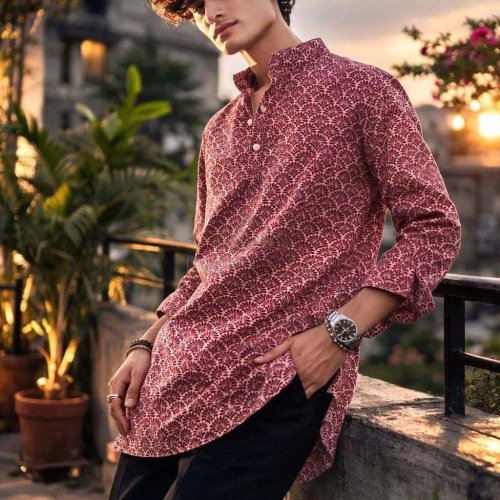 Red Ethnic Motif Printed Men Short Kurta