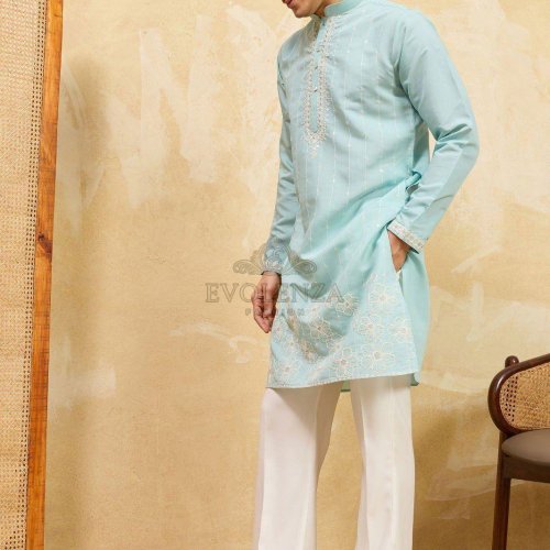 Sky Blue Embroidered Kurta Set for Men