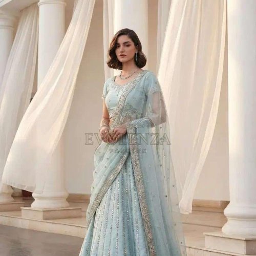 Sky Blue Embroidered Silk Bridal Lehenga Choli