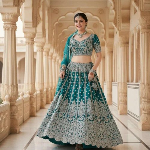 Teal Green Butterfly Net Wedding Lehenga Choli