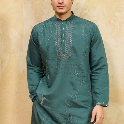 Teal Green Embroidered Kurta Set for Men