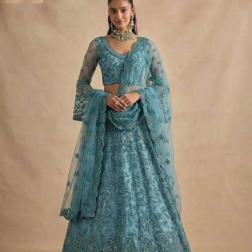 Turquoise Blue Butterfly Net Bridal Lehenga Choli