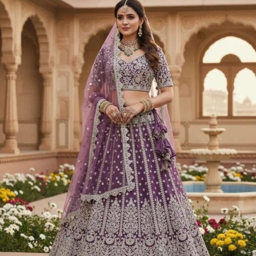 Voilet Butterfly Net Wedding Lehenga Choli