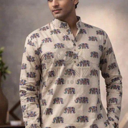 White Cotton Printed Men Short Kurta