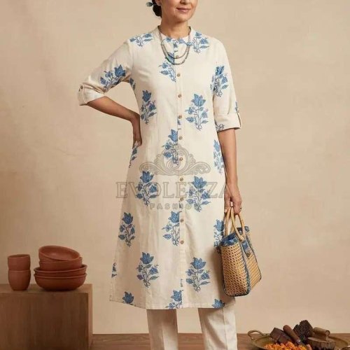 White Floral Print A-Line Kurti