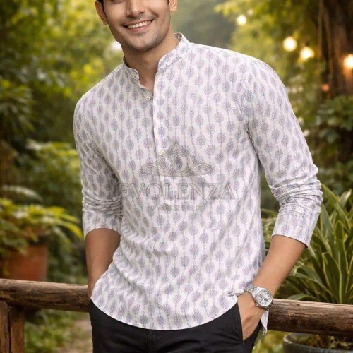 White Geometric Printed Men Short Kurta
