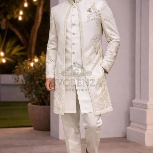 White Silk Embroidered Indowestern