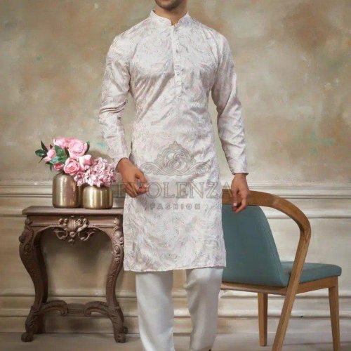 White Silk Embroidered Kurta Set for Men