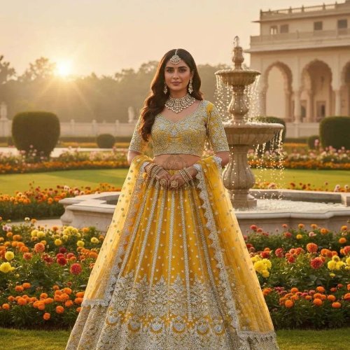 Yellow Butterfly Net Wedding Lehenga Choli