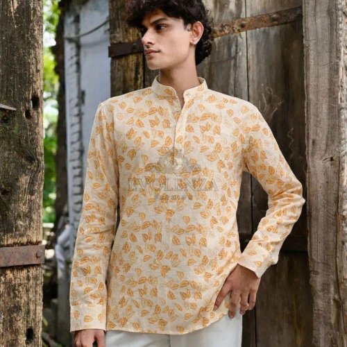 Yellow Cotton Printed Short Kurta