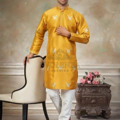 Yellow Ethnic Motif Embroidered Kurta Set for Men