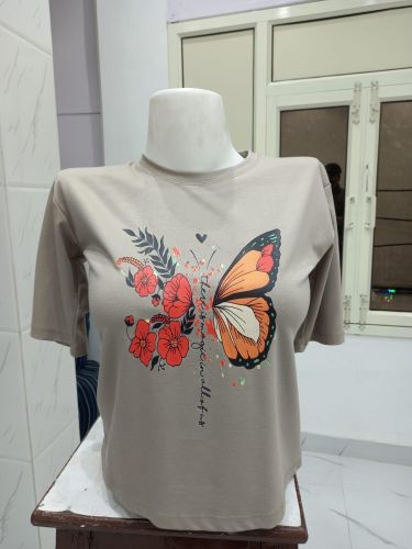 Ladies Beige Butterfly Floral Graphic Round Neck T-Shirt