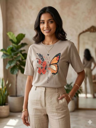 Ladies Beige Butterfly Print Casual T-Shirt