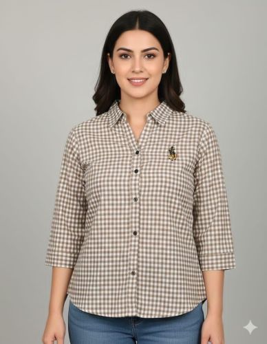 Ladies Beige Check Printed Casual Shirt