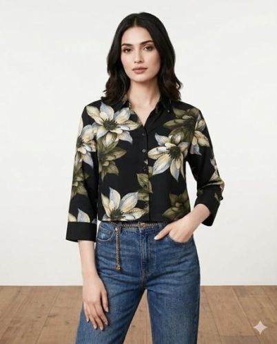 Ladies Black Floral Printed Casual Shirt