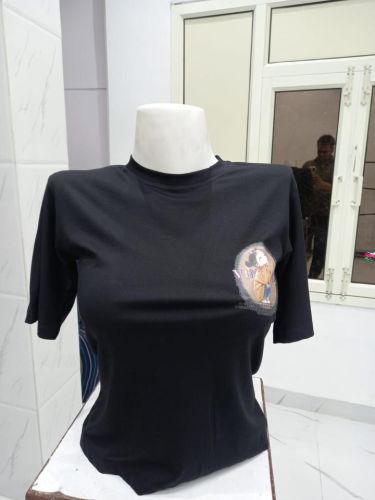 Ladies Black Graphic Print Round Neck T-Shirt