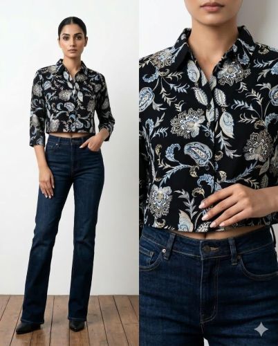 Ladies Black Paisley Floral Print Crop Casual Shirt