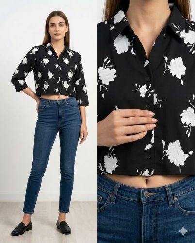 Ladies Black White Floral Print Crop Casual Shirt