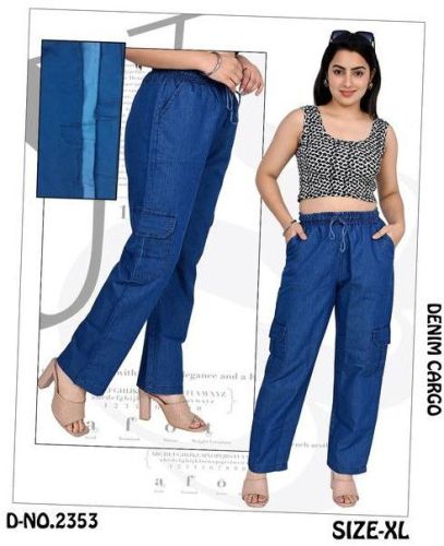 Ladies Blue Denim Cargo High Waist Pant