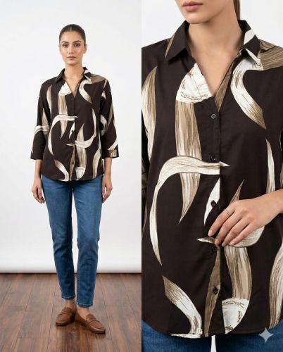 Ladies Brown Abstract Print Regular Casual Shirt