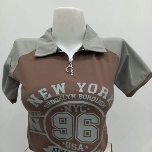 Ladies Brown Graphic Zip Collar T-Shirt