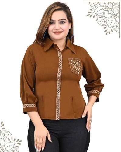 Ladies Brown Lace Trim Embroidered Pocket Shirt Top