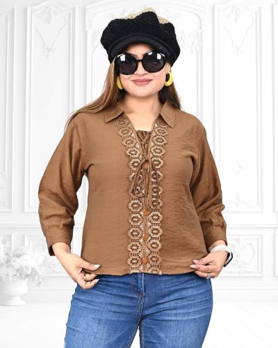 Ladies Brown Lace Up Crochet Panel Casual Top