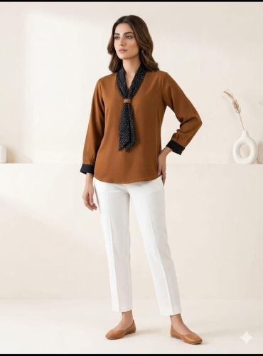 Ladies Brown Scarf Neck Casual Top