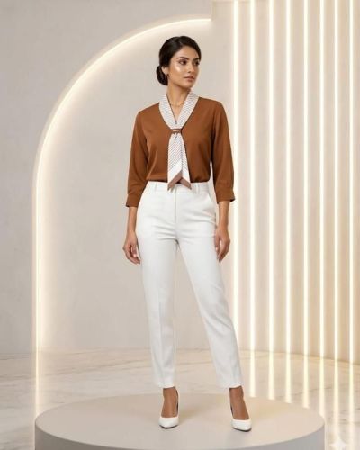 Ladies Brown Tie-Neck Formal Top
