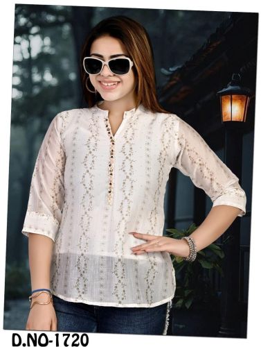 Ladies Cream Embroidered Button Placket Casual Top