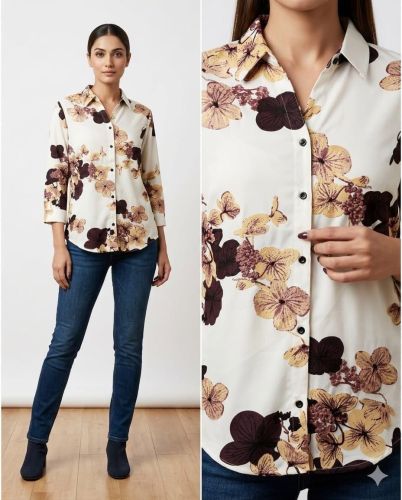 Ladies Cream Floral Print Regular Casual Shirt