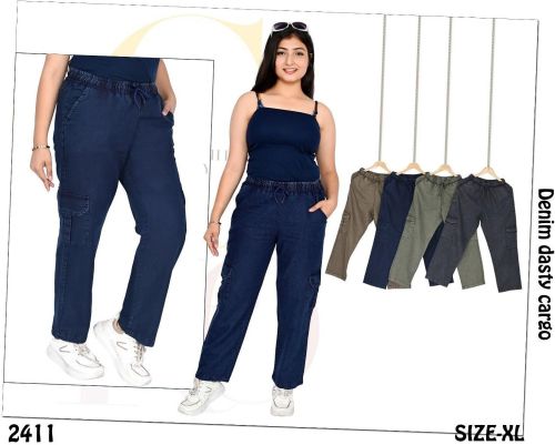 Ladies Dark Blue Denim Straight Cargo Pant